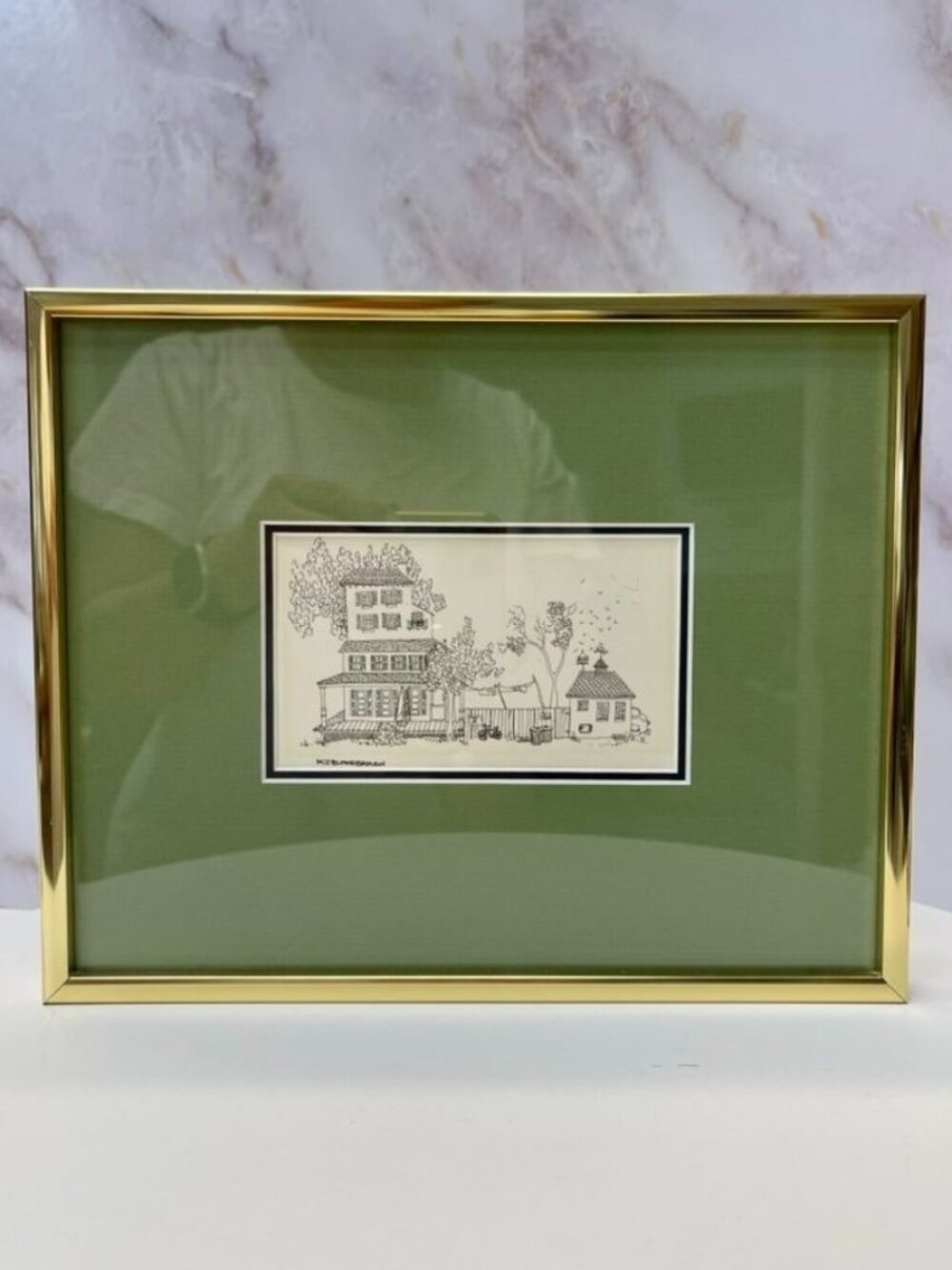 M.J. Blakebrough Framed Print - Whimsical Outhouse & Bicycles Pen & Ink Sketch - Picture 1 of 3